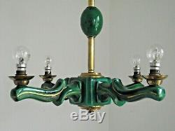 Rare Elegant French Art Deco 4 Arm Green Ceramic Chandelier Gold Highlights 1595