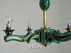 Rare Elegant French Art Deco 4 Arm Green Ceramic Chandelier Gold Highlights 1595