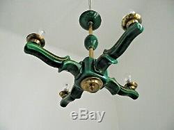 Rare Elegant French Art Deco 4 Arm Green Ceramic Chandelier Gold Highlights 1595