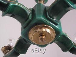 Rare Elegant French Art Deco 4 Arm Green Ceramic Chandelier Gold Highlights 1595