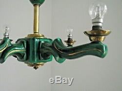 Rare Elegant French Art Deco 4 Arm Green Ceramic Chandelier Gold Highlights 1595