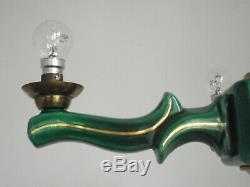 Rare Elegant French Art Deco 4 Arm Green Ceramic Chandelier Gold Highlights 1595