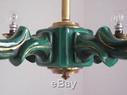 Rare Elegant French Art Deco 4 Arm Green Ceramic Chandelier Gold Highlights 1595