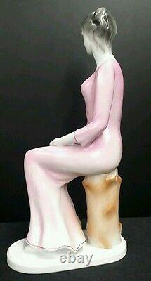 Rare & Expressive Hungarian Porcelain Hollohaza Art Deco Sitting Woman Figurine