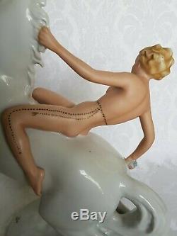 Rare! Exquisite Schaubach Kunst Hand Painted Porcelain Nude On Horse Figurine