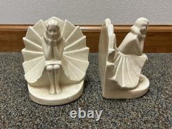 Rare German Porcelain Art Deco Seated Woman with Skirt Bookend Pair