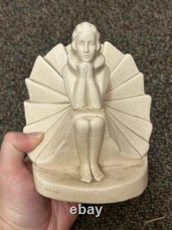 Rare German Porcelain Art Deco Seated Woman with Skirt Bookend Pair
