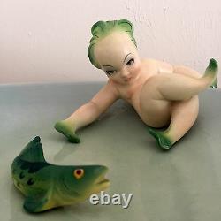 Rare Lenci, Essevi Art Deco Porcelain Figure Mermaid Baby with Fish