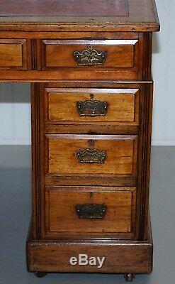 Rare Lovely Solid Walnut Victorian Desk Victorian Porcelain Castors Leather Top