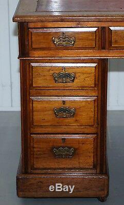 Rare Lovely Solid Walnut Victorian Desk Victorian Porcelain Castors Leather Top