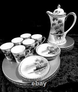 Rare NIPPON Set Swan On Lake Handpainted 13pc. Art Deco Porcelain Chocolate Set