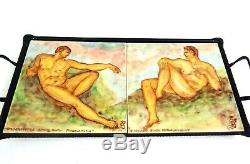 Rare Original Art Deco Hand Painted Male Nude Ceramic Tile Coaster Antique Tray
