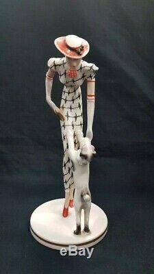 Rare Porcelain Germany Metzler&Ortloff Statue of Art Deco Lady with Dog