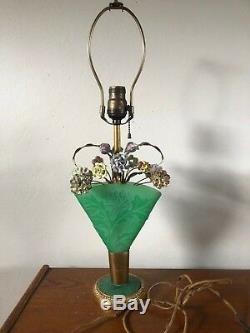 Rare Steuben Art Glass Jade Acid Etched Boudoir Lamp With Porcelain Flowers