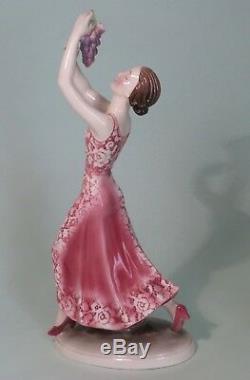 Rare Vintage Hertwig Katzhutte Art Deco Porcelain Lady Figure Holding Grapes