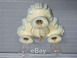 Rare Vintage Porcelain Art Deco Flush Mount Light Fixture 3 Light Rewired UL