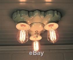 Rare Vintage Porcelain Art Deco Flush Mount Light Fixture 3 Light Rewired UL