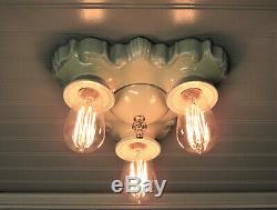 Rare Vintage Porcelain Art Deco Flush Mount Light Fixture 3 Light Rewired UL