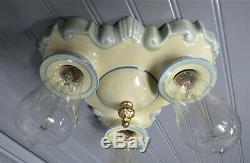 Rare Vintage Porcelain Art Deco Flush Mount Light Fixture 3 Light Rewired UL