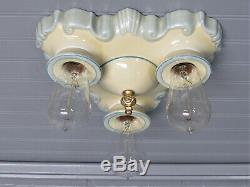 Rare Vintage Porcelain Art Deco Flush Mount Light Fixture 3 Light Rewired UL