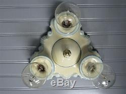 Rare Vintage Porcelain Art Deco Flush Mount Light Fixture 3 Light Rewired UL