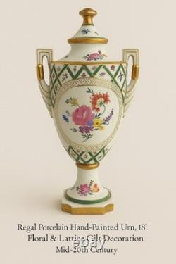 Regal Porcelain Hand-Painted Covered Urn, 18 Floral & Lattice Gilt, Art Deco