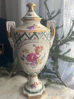 Regal Porcelain Hand-Painted Covered Urn, 18 Floral & Lattice Gilt, Art Deco
