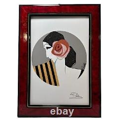 Roberto Tortoli Original Art Deco Lady WithRose On Porcelain Framed Signed