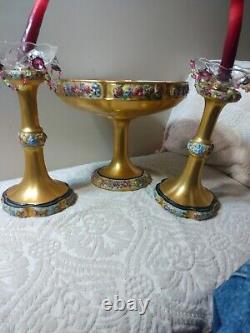 Rosenthal Art Deco Porcelain Pedestal Centerpiece & Candle Holders w A/O Beads