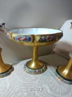 Rosenthal Art Deco Porcelain Pedestal Centerpiece & Candle Holders w A/O Beads