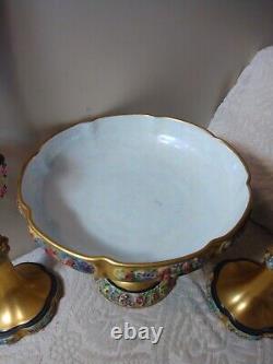 Rosenthal Art Deco Porcelain Pedestal Centerpiece & Candle Holders w A/O Beads