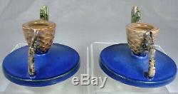 Roseville MATCHED SIGNED Pinecone Pair 1123 Candle Holders Sticks RICH BLUE