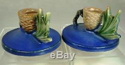 Roseville MATCHED SIGNED Pinecone Pair 1123 Candle Holders Sticks RICH BLUE
