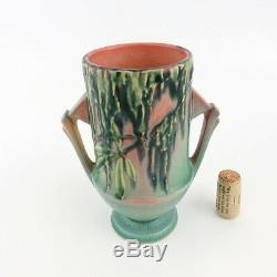 Roseville Pottery Pink Moss Vase Handled Pedestal 774-6 Art Deco Circa 1930's