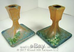 Roseville RARE Art Pottery Futura Candlesticks with Leaves 1073-4 Art-Deco
