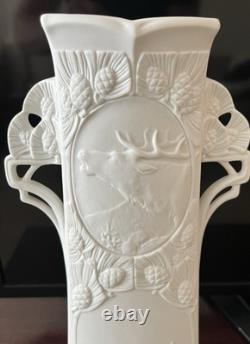 Royal Dux Art Nouveau Deco Pottery Porcelain Vase Czech Republic White Elk Moose