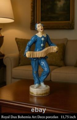 Royal Dux Bohemia Art Deco porcelain Pierrot clown accordion player 11.75 inch