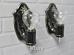 SUPER RARE Pair Black Porcelain Art Deco Wall Sconces Sterling Silver Accents