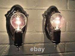 SUPER RARE Pair Black Porcelain Art Deco Wall Sconces Sterling Silver Accents