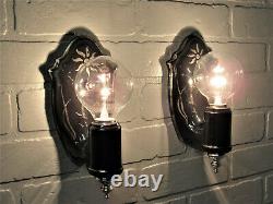 SUPER RARE Pair Black Porcelain Art Deco Wall Sconces Sterling Silver Accents