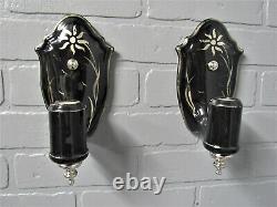 SUPER RARE Pair Black Porcelain Art Deco Wall Sconces Sterling Silver Accents