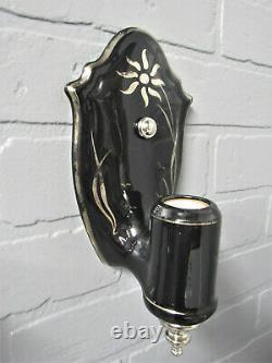 SUPER RARE Pair Black Porcelain Art Deco Wall Sconces Sterling Silver Accents