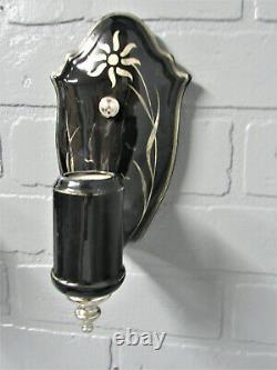 SUPER RARE Pair Black Porcelain Art Deco Wall Sconces Sterling Silver Accents