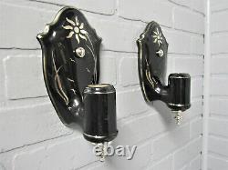 SUPER RARE Pair Black Porcelain Art Deco Wall Sconces Sterling Silver Accents