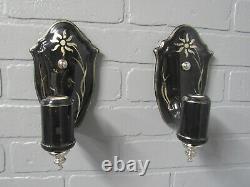 SUPER RARE Pair Black Porcelain Art Deco Wall Sconces Sterling Silver Accents