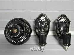 SUPER RARE Pair Black Porcelain Art Deco Wall Sconces Sterling Silver Accents