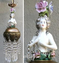 SWAG lamp vintage Porcelain Brass Art Deco lady crystal prism dress ROSE hat