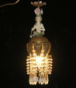 SWAG lamp vintage Porcelain Brass Art Deco lady crystal prism dress ROSE hat