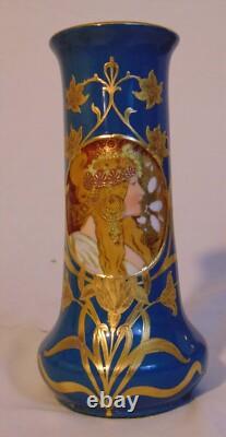 Scarce German GEBRUDER HEUBACH Art Nouveau Deco Blue Porcelain Portrait Vase