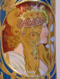 Scarce German GEBRUDER HEUBACH Art Nouveau Deco Blue Porcelain Portrait Vase